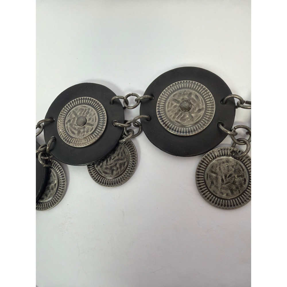 Vintage Boho Black Silver Coin Chain Belt Western Medallion Statement Adjustable - Picture 3 of 4